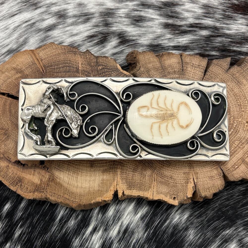 SOUTHWEST STYLE Nickel Silver Statement Belt Buckle Man On Horse & Scorpion TT
